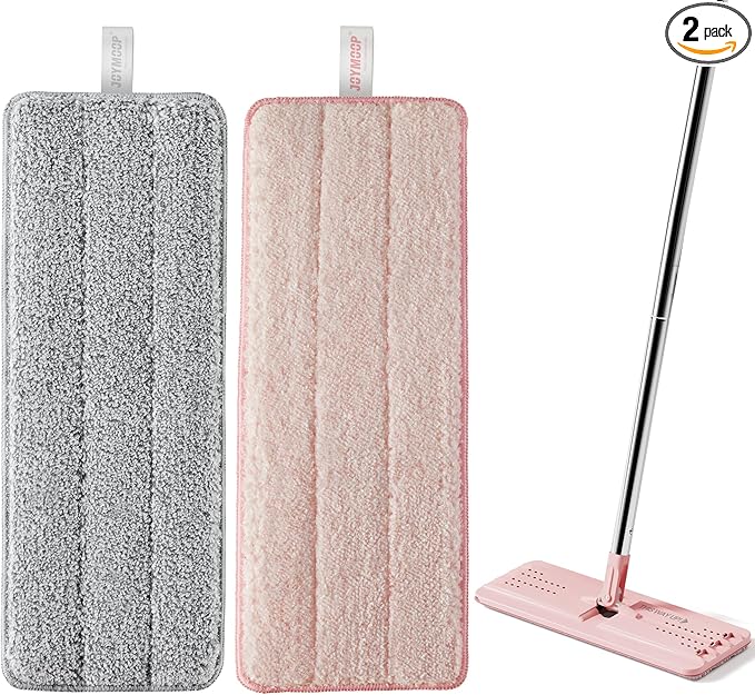 JOYMOOP Microfiber Replacement Pads for 13-Inch Flat Mop System, Reusable Refills, Pack of 2, Grey and Pink