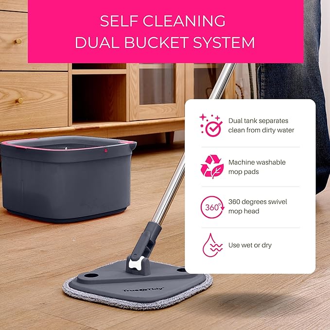 Heavy Duty Square Spin Mop for Floor Cleaning, Separate Compartment for Clean and Dirty Water, Use Any Cleaning Solution, Self Cleaning, Machine Washable Pads