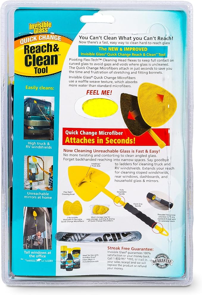 Invisible Glass 95160 Reach & Clean Windshield Cleaning Tool and Car Window Cleaner Tool for Interior and Exterior Auto Glass, Trucks, SUVs, RVs and Home Windows with 2 Microfiber Pads and Storage Bag