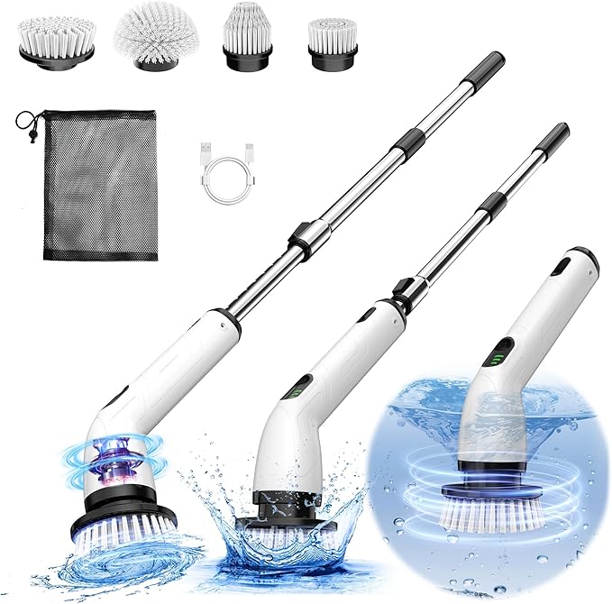 TUYU Electric Spin Scrubber, Full-Body IPX7 Waterproof Bathroom Scrubber,4 Replacement Head for Adjustable Extension Handle Electric Cleaning Brush for Bathroom, Tub, Tile