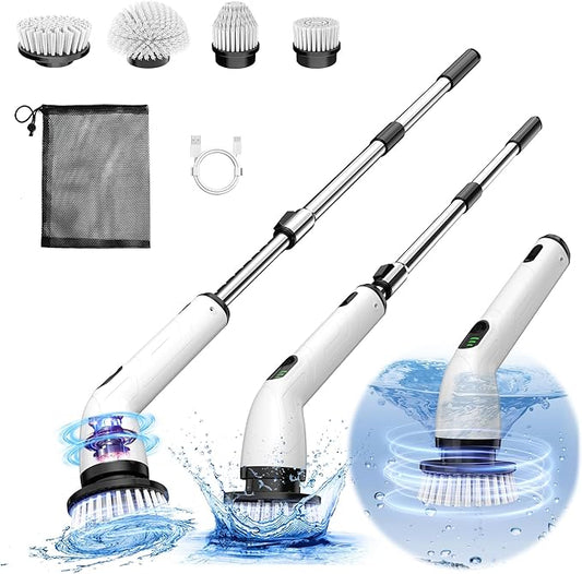 TUYU Electric Spin Scrubber, Full-Body IPX7 Waterproof Bathroom Scrubber,4 Replacement Head for Adjustable Extension Handle Electric Cleaning Brush for Bathroom, Tub, Tile