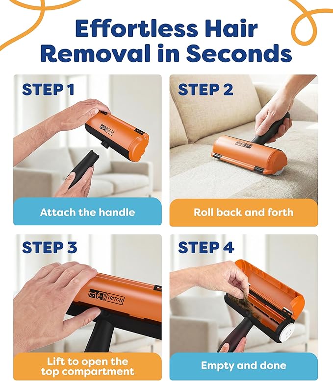 Triton Pet Hair Removal Tool w/Fur Trapping Compartment, 60% Smaller Storage Size, Reusable Shedding Roller, Cat and Dog Hair Remover for Car, Furniture, Carpet, Couch (Orange)