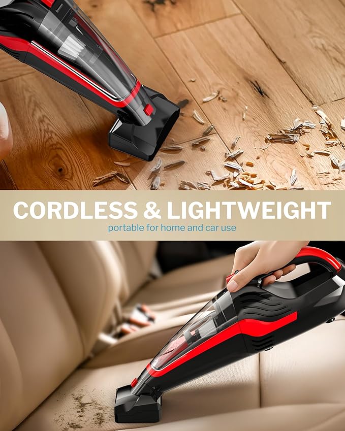 Powools Pet Hair Handheld Vacuum Cordless, Car Vacuum Rechargeable with Reusable Filters, Motorized Brush and Multi-Accessories for Carpet, Couch & Stairs, Red, 17.0"X 4.6"X 6.6"