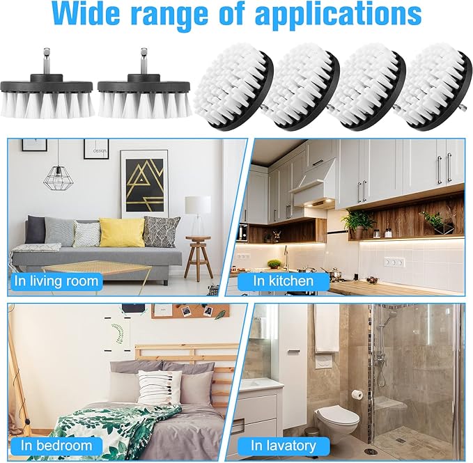 Drill Brush Attachment Power Scrubber Cleaning Kit Multi Purpose Drill Brush Set Drill Scrubber Brush Kit Cleaning Brushes for Drill Bathroom Surfaces Tub Grout Shower Kitchen (White, 6 Pcs)