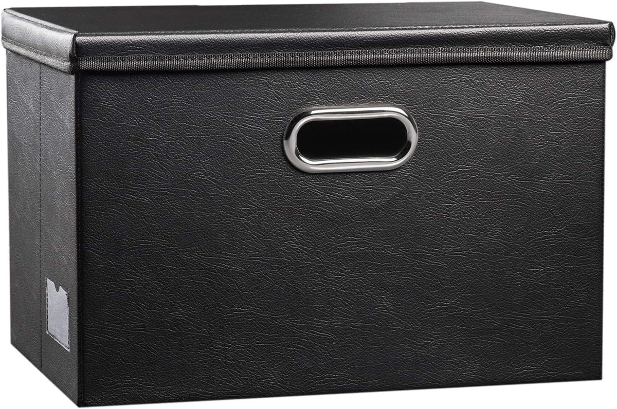 Large Collapsible Storage Bin with Lid [1-Pack] Leather Fabric Foldable Storage Box Organizer Containes Basket Cube with Cover for Home Bedroom Closet Office Nursery Black (17.7x11.8x11.8)