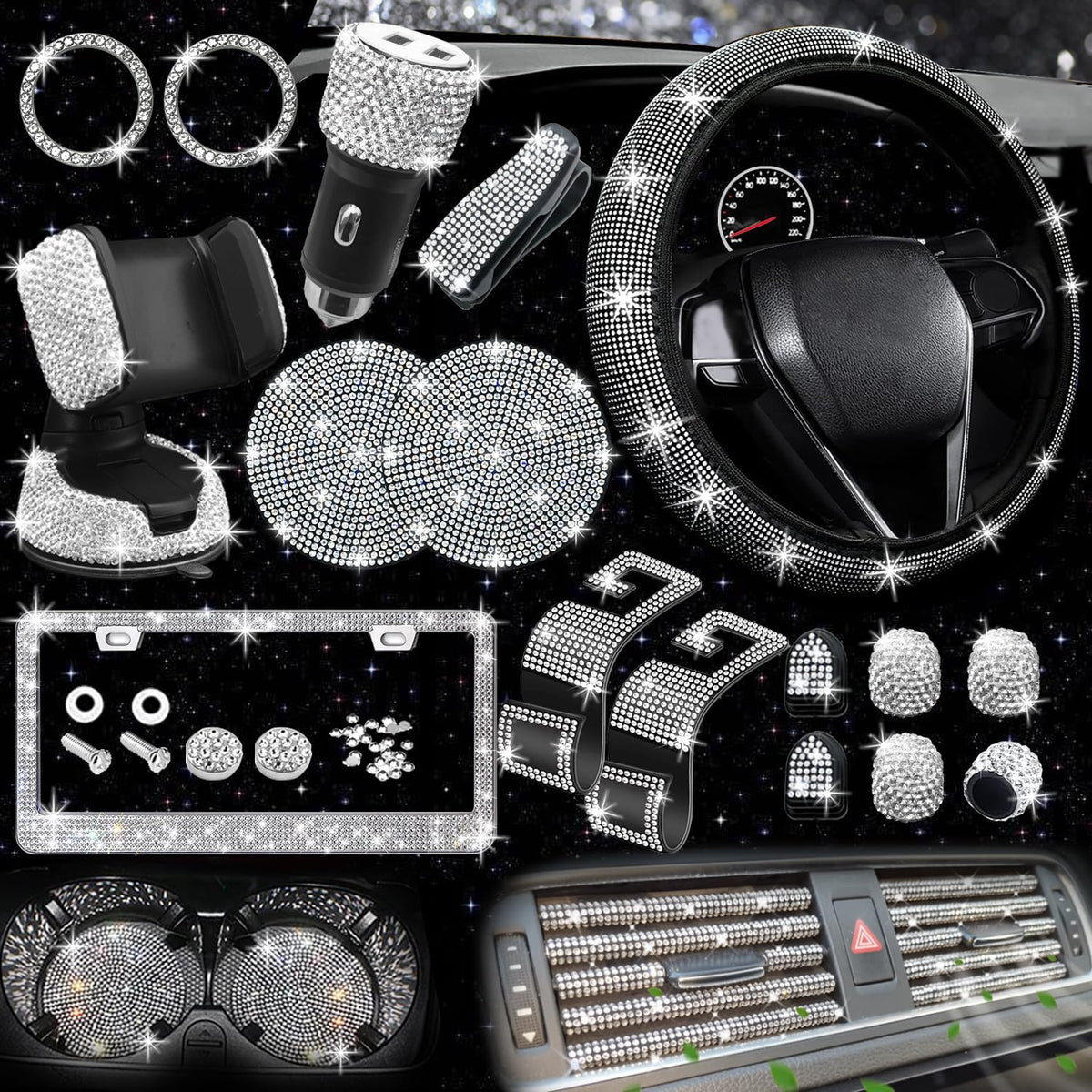27 PCs Bling Car Accessories Set for Women, Steering Wheel Covers Universal Fit 15 Inch, Bling License Plate Frame, Bling Phone Holder, Bling Car Coasters (Silver Diamond)