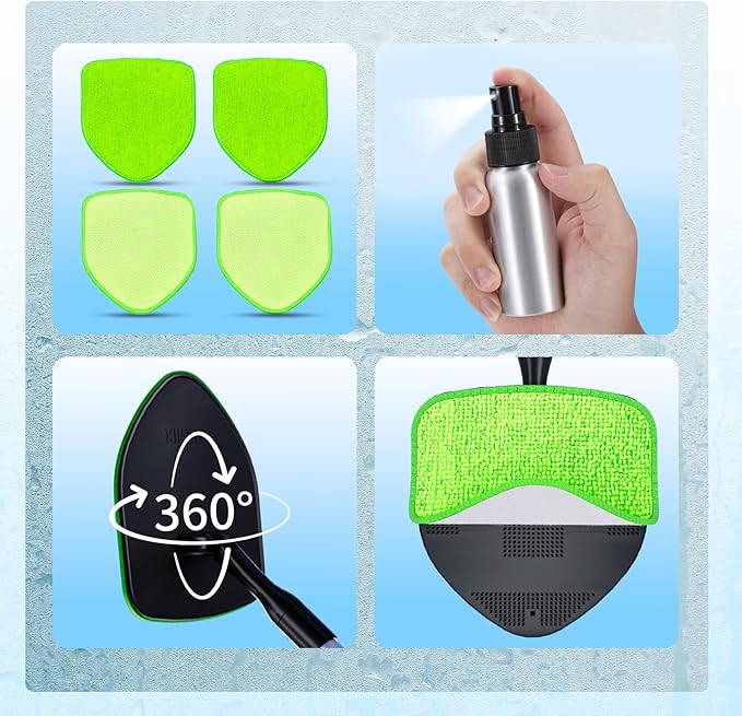 XINDELL Windshield Cleaner Tool, Car Window Cleaning Kit with 4 Reusable Microfiber Pads, Extendable Handle & 360° Rotating Head, Safety Hammer, Streak-Free Auto Glass Wiper for Car Truck SUV RV