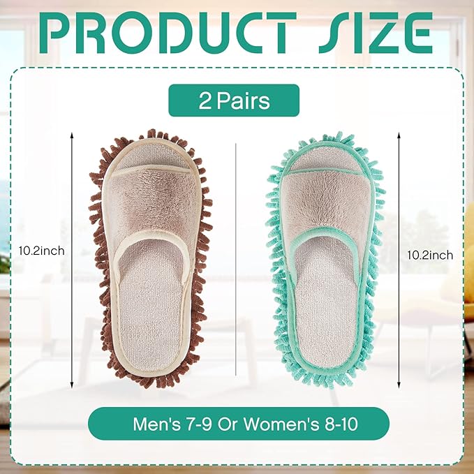 Jecery 2 Pairs Microfiber Cleaning Mop Slippers for Floor Cleaning House Mop Shoes Men and Women Washable Unisex Dusting Slippers Dirt Tool Supplies(Medium,Green, Coffee)