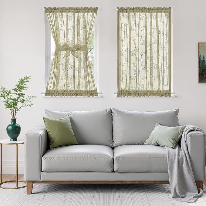 jinchan French Door Curtain Privacy Rustic Leaf Embroidered Semi Sheer Voile Front Curtain for Window Doorway Closet, Door Panel with Tieback Rod Pocket 1 Panel 55W x 40L Inch Sage Green