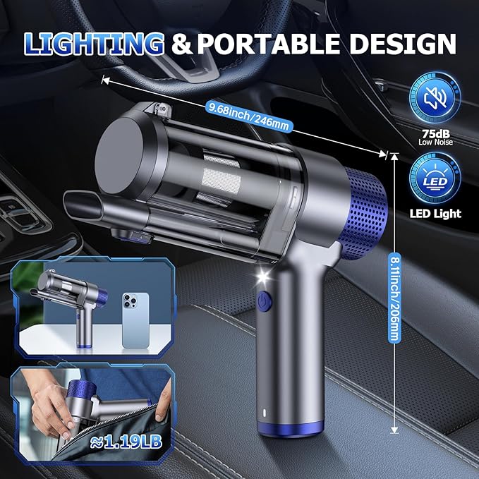 JONYJ Handheld Car Vacuum Cleaner Cordless, 16000PA Hand Held Vacuum Portable, 2 in 1 Air Duster and Mini Vacuum Cleaner Rechargeable with LED, Multi-Nozzles & Washable Filters for Home Office Car Pet