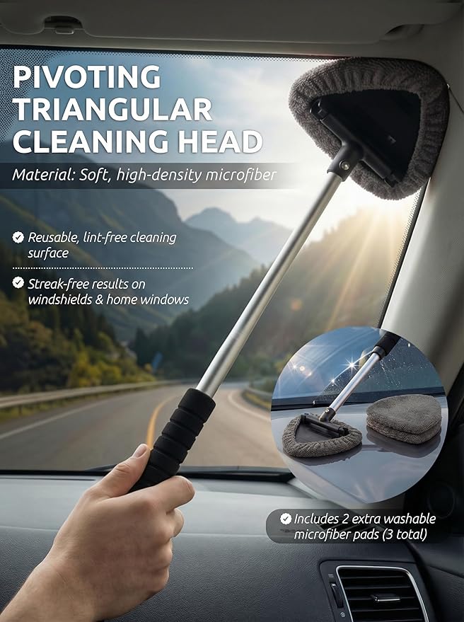 TAKAVU Car Window Cleaning Tool, Windshield Wiper Cleaner with Extendable Long-Reach Handle, 3 Washable Reusable Microfiber Bonnets, Car & Home Inside Interior Exterior Use - Lint Free (Grey)