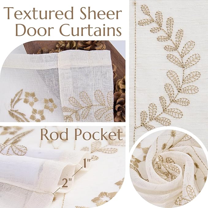 jinchan Belrose Sheer French Door Curtain Embroidered Farmhouse Linen Curtain for Patio Light Filtering for Door Window Closet Rod Pocket 72 Inches 1 Panel Taupe on Beige