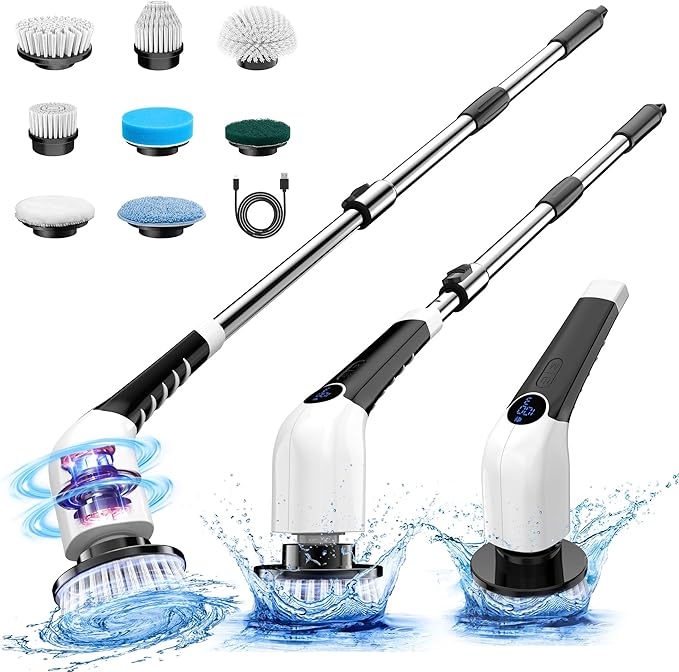 KEIMI Electric Spin Scrubber, Cordless Shower Cleaning Brush with 8 Replaceable Brush Heads, 3 Speeds, Extension Handle, Digital Display, IPX7 Power Scrubber for Bathroom, Tub, Tile and Floor