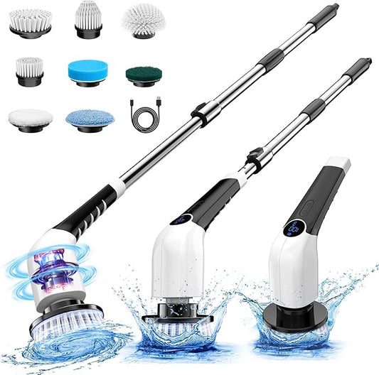 KEIMI Electric Spin Scrubber, Cordless Shower Cleaning Brush with 8 Replaceable Brush Heads, 3 Speeds, Extension Handle, Digital Display, IPX7 Power Scrubber for Bathroom, Tub, Tile and Floor