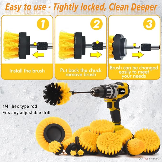 18 Pack Drill Brush Attachment Set, Power Cleaning Scrub Brushes for Drill, Extend Long Attachment, All Purpose for Car Detailing, Bathroom, Carpet, Tile Grout, Sinks, Corners