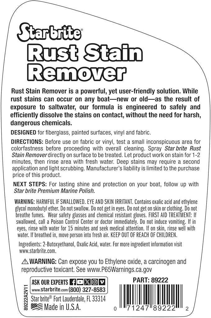 STAR BRITE Rust Stain Remover Spray - Instantly Dissolve Corrosion Stains on Fiberglass, Vinyl, Fabric, Metal & Painted Surfaces - Also Removes Sprinkler Stains - 22 Ounces (089222SS)