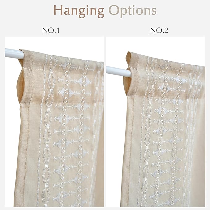 jinchan French Door Curtain Privacy Boho Embroidered Semi Sheer Voile Front Curtain for Window Doorway Closet, Door Panel with Tieback Rod Pocket 1 Panel (White on Beige, 55W x 40L Inch)
