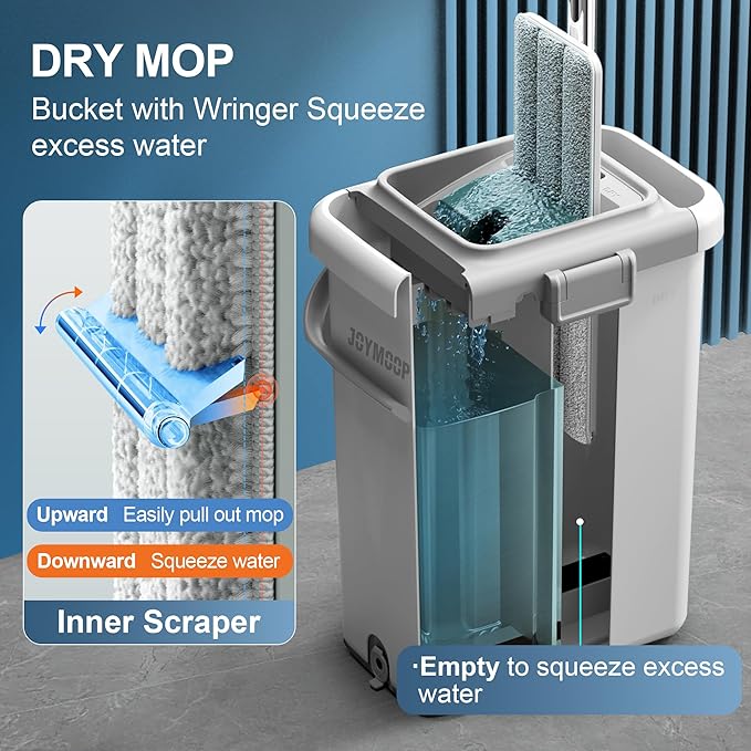 JOYMOOP Mop and Bucket Set for Floor and Wall Cleaning, Flat Mop System with 60" Mop + 3 Pads, Household and Commercial Use