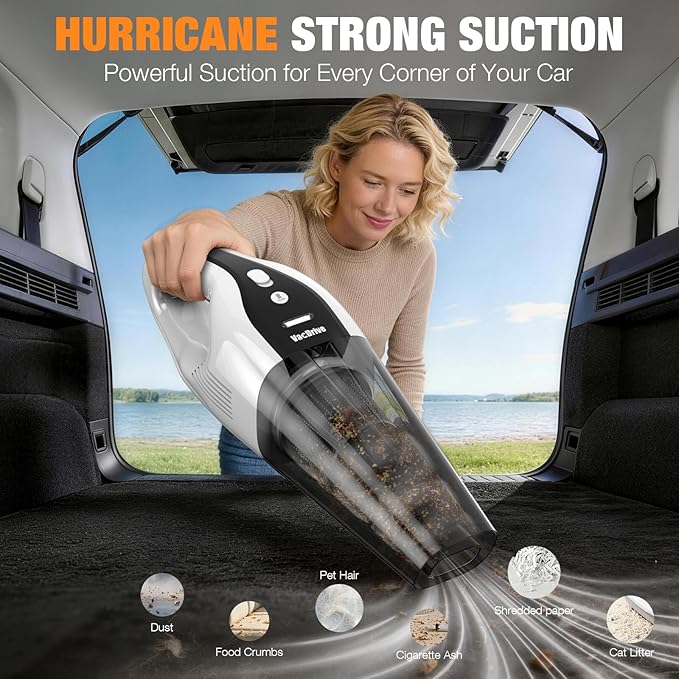 Handheld Vacuum Cordless, Ultra-Strong Suction Car Vacuum Portable Cordless, Rechargeable Hand Held Car Vacuum Cleaner High Power with Multi-Nozzles & Washable Filter for Car, Home, Pets, White&Black