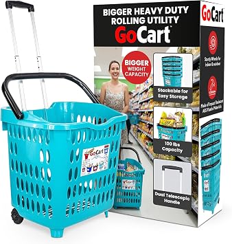 dbest products Bigger GoCart Grocery Cart Rolling Shopping Laundry Basket on Wheels Hamper with Telescopic Handle Cleani