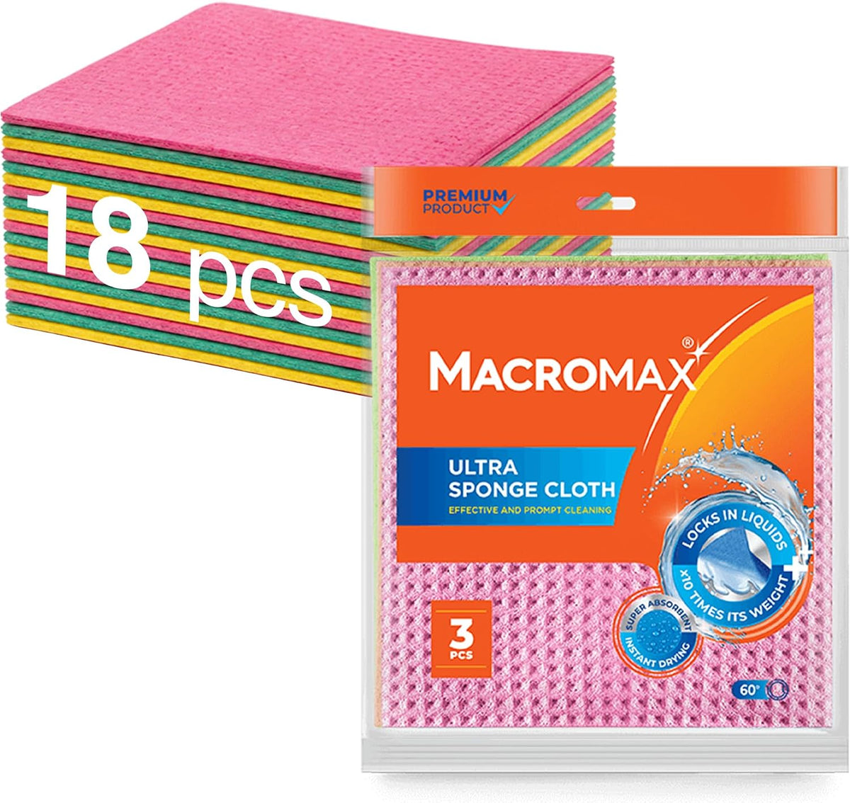 Macromax 7"x7.9" Sponge Cloths 18 Pack, Absorbent Kitchen