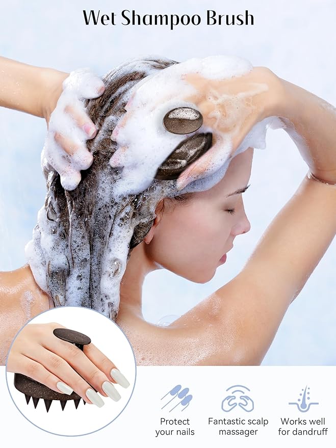 HEETA Scalp Massager Hair Growth, Soft Silicone Scalp Scrubber Shampoo Brush for Exfoliation, Dandruff Removal & Head Massage Stress Relax, Wet & Dry Use for Thick, Thin Hair Care, Dark Brown