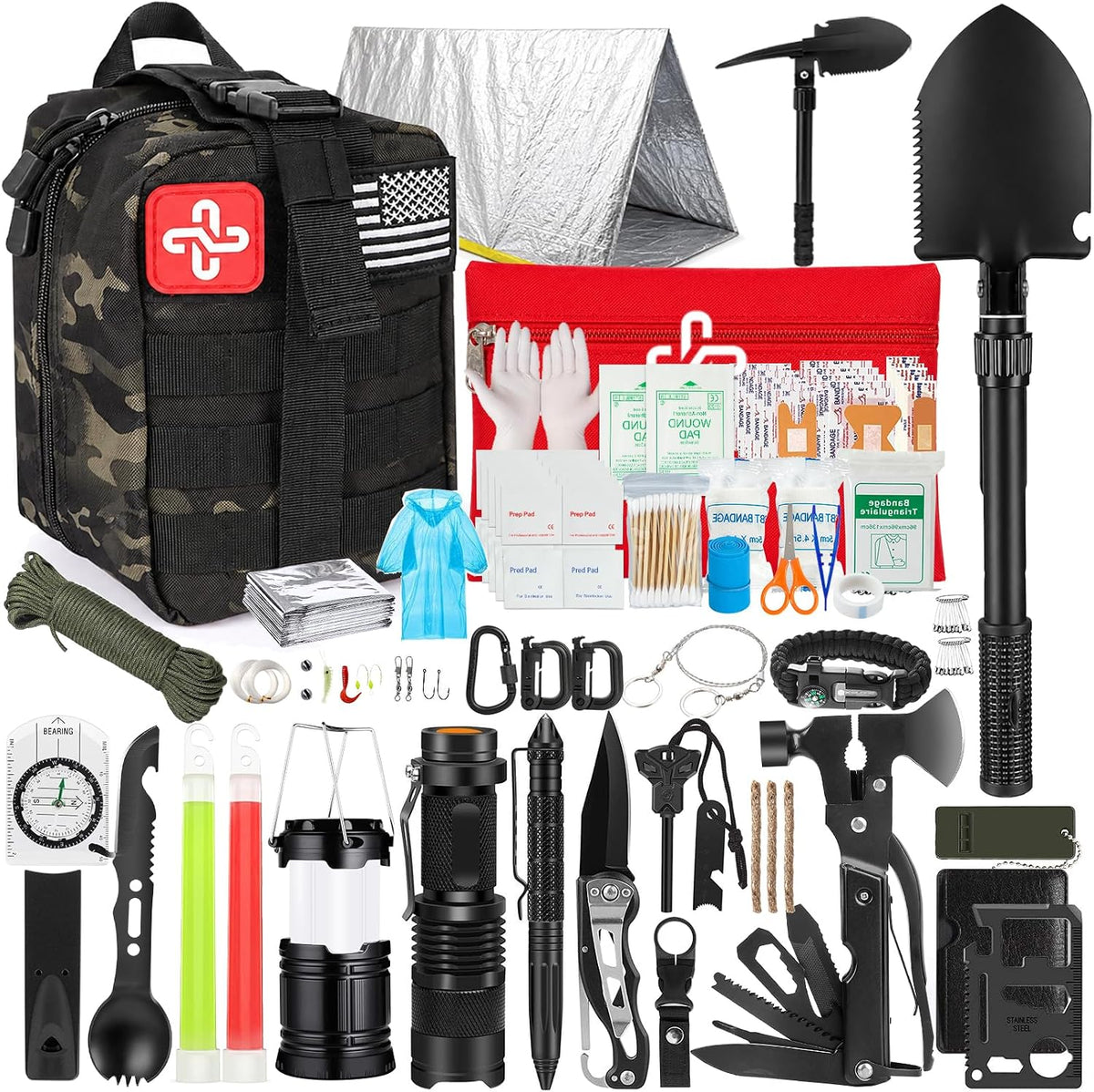 Survival Kit, 250Pcs Survival Gear First Aid Kit with Molle System Compatible Bag and Emergency Tent, Emergency Kit for Earthquake, Outdoor Adventure, Hiking, Hunting, Gifts for Men Women