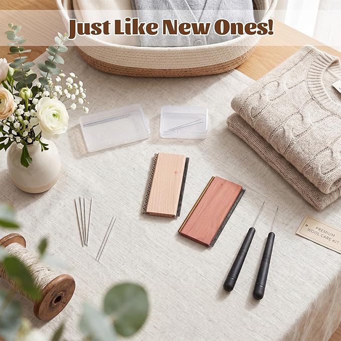 Cashmere Comb Double Sided Sweater Shaver Snag Repair Tool Kit with Snag Repair Needles Latch Hook Multifunction Fabric Clothes Shaver Travel Pilling Remover (Cedar and Beech)