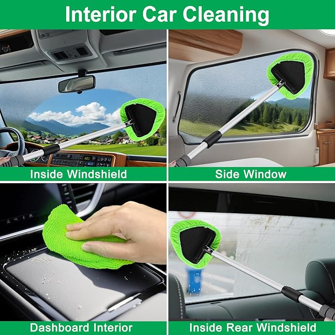 XINDELL 29-inch Windshield Cleaner Tool – Car Interior Window Cleaning Kit with Extended Long Handle & 4 Microfiber Pads, Auto Wiper Windshield Brush for Car, Trucks, SUVs, RVs & Home