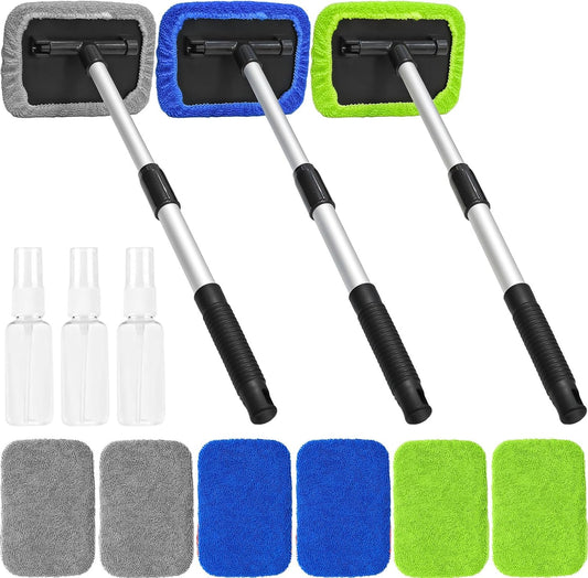 Beieverluck 15 Pieces Windshield Cleaner Tool, Inside Car Window Cleaning Tool with 9 Microfiber Pads and 3 Spray Bottles, Windshield Cleaner Tool Auto Interior Exterior Glass Wiper Kit