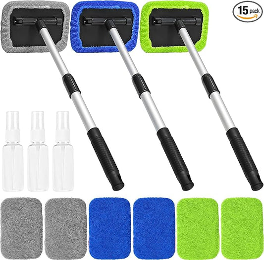 Beieverluck 15 Pieces Windshield Cleaner Tool, Inside Car Window Cleaning Tool with 9 Microfiber Pads and 3 Spray Bottles, Windshield Cleaner Tool Auto Interior Exterior Glass Wiper Kit
