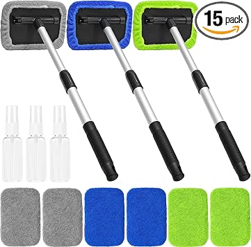 Beieverluck 15 Pieces Windshield Cleaner Tool, Inside Car Window Cleaning Tool with 9 Microfiber Pads and 3 Spray Bottle