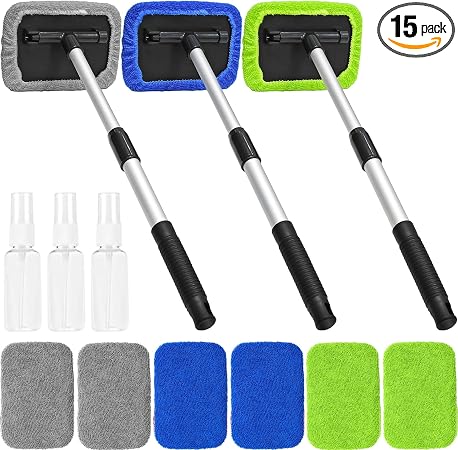 Beieverluck 15 Pieces Windshield Cleaner Tool, Inside Car Window Cleaning Tool with 9 Microfiber Pads and 3 Spray Bottle