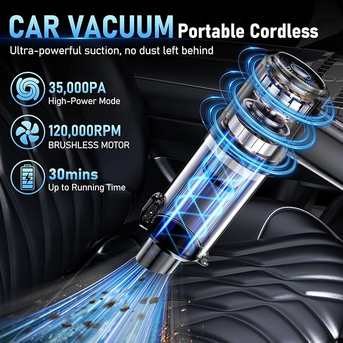 Car Vacuum Portable Cordless, 35000Pa High Power Brushless Motor Handheld Vacuum, 6-in-1 Rechargeable Mini Cleaner with Air Duster for Car, Home, Pet Hair, Keyboard, Graphite Grey