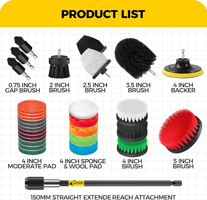Holikme 30 Piece Drill Brush Set, Scrub Pads Scrubber Brush with Extend Long Handle Clean for Grout, Tiles, Bathtub, Bathroom, Kitchen, Bristle Discs,Black
