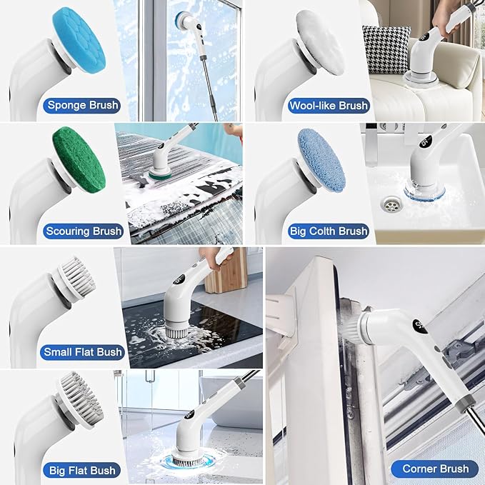 qimedo Electric Spin Scrubber with Extended Long Handle, Rechargeable Handheld Electric Scrubber for Cleaning, Cordless Power Dish Scrubber with 7 Brushes for Bathtub Grout Tile Floor
