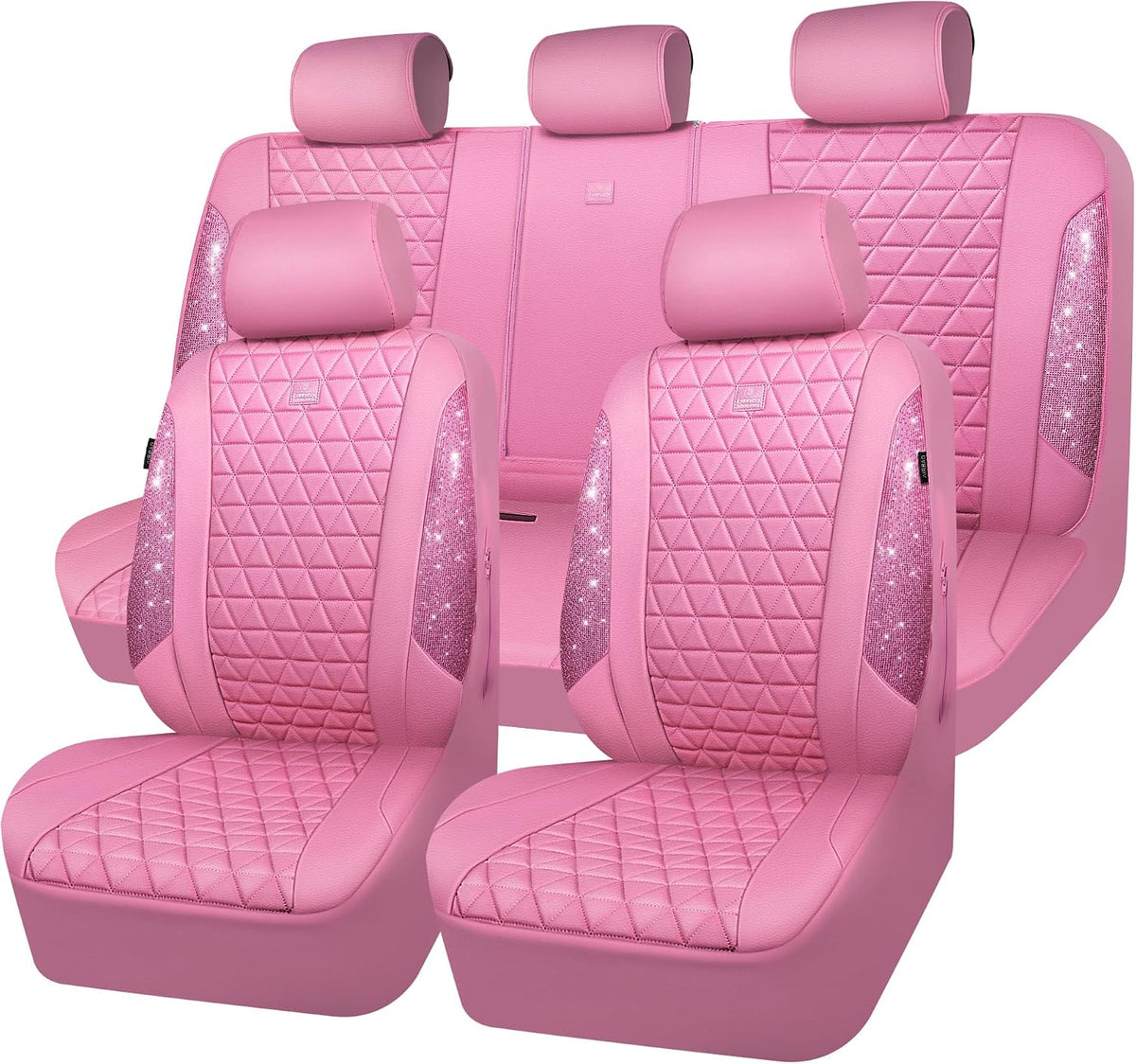Bling Diamond Pink Leather Car Seat Covers Full Sets Interior Sets, Waterproof Shining Glitter Sparkly Crystal Universal Armrest Fit for Automotive Truck SUV Cute Women Girl, Pink Rhinestone