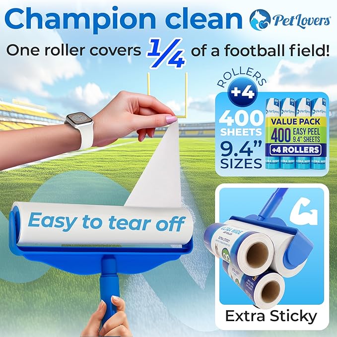 PetLovers Large Lint Roller with 3 Refills – 400 Total Sheets for Tackling Pet Hair, Extra Large Floor and Carpet Roller for Homes with Pets, Perfect for Floors, Furniture, and Loving Pet Owners