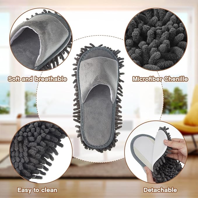 Jecery 2 Pairs Microfiber Cleaning Mop Slippers for Floor Cleaning House Mop Shoes Men and Women Washable Unisex Dusting Slippers Dirt Tool Supplies(Large,Gray)