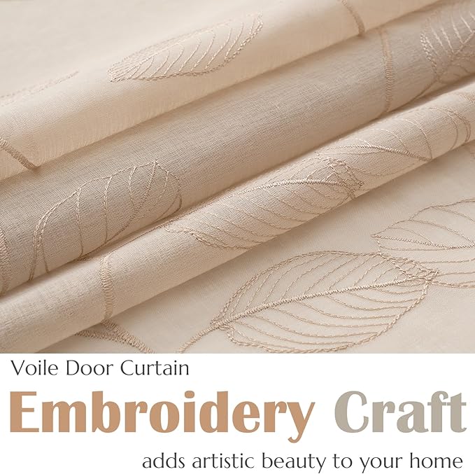 jinchan French Door Curtain Privacy Rustic Leaf Embroidered Semi Sheer Voile Front Curtain for Window Doorway Closet, Door Panel with Tieback Rod Pocket 1 Panel 55W x 72L Inch Beige