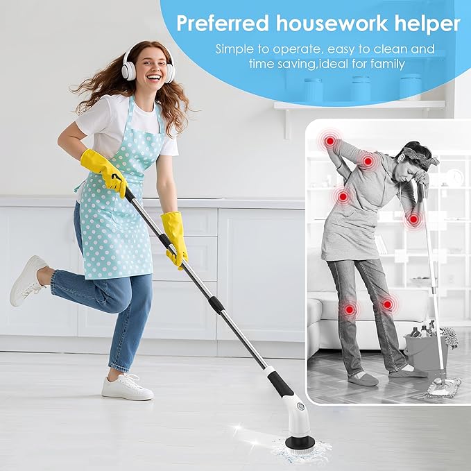 Electric Spin Scrubber, Cordless Cleaning Brush with 180 Min Runtime, 3-Speed, 7 Replaceable Brush Heads & Long Detachable Handle, LCD Display (RPM/Torque/Battery), for Bathroom, Kitchen, Tile