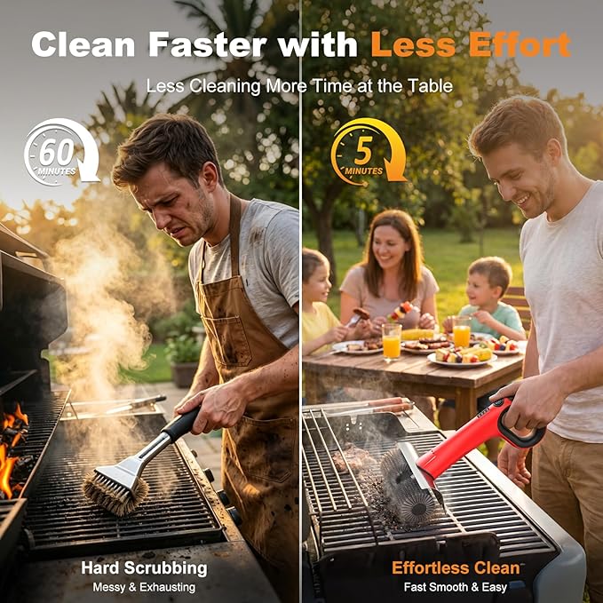 Electric Grill Brush for Outdoor Grill, Cordless BBQ Grill Cleaner with Dual Rotating Heads, 450 RPM Motorized Grill Cleaning Brush with Forward & Reverse, 6-Piece Replaceable Brush Set