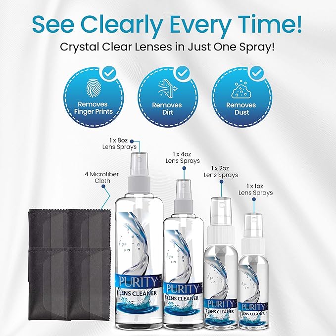 Purity Eyeglass Cleaner Family Pack - Multi-Size Lens Cleaner Kit - 1x1oz, 1x2oz, 1x4oz, 1x8oz Bottles + 4 Premium Microfiber Cloths - Safe for All Lenses, Eyeglasses, & Screens - Streak-Free Formula