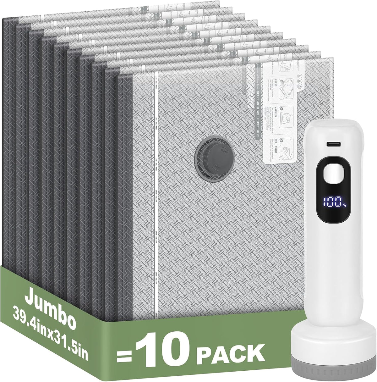 10 Jumbo Vacuum Storage Bags with Rechargeable Electric Air Pump