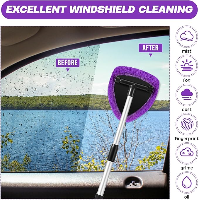 Potchen 8 Pcs Car Windshield Cleaner Tool Kit with Extendable Handle, Microfiber Towel Pads, Brush, Empty Spray Bottle for Auto Glass Wiper Suvs Rvs & Home Windows(Purple)