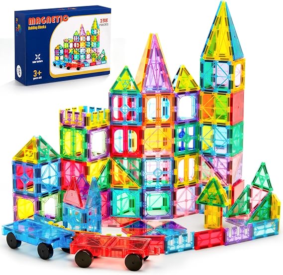 Ryoichi 138PCS Magnetic Tiles Set with 2 Cars for Kids Ages 3-9+ Years