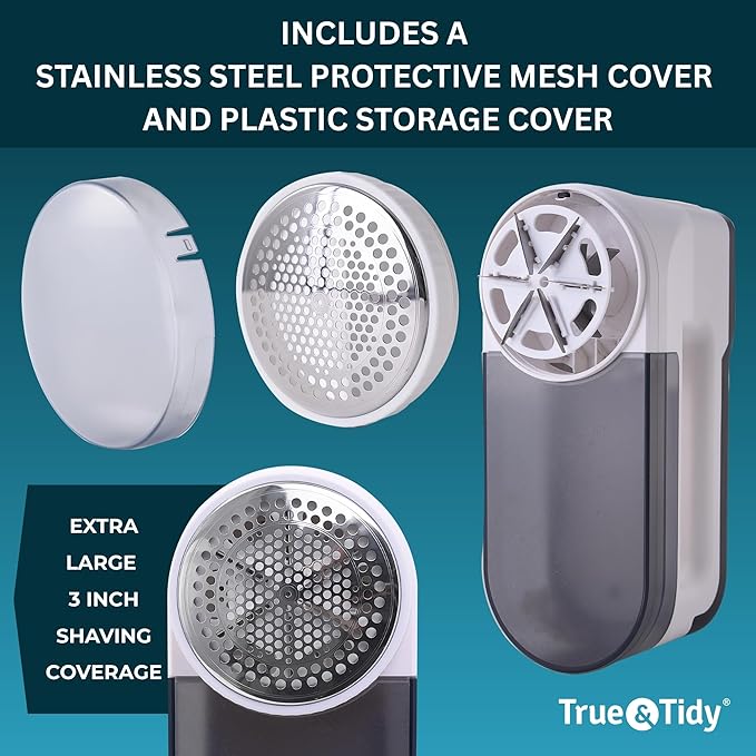 True & Tidy XL Fabric Shaver & Lint Remover Rechargeable Electric Sweater Defuzzer w/ 6-Blade Stainless Steel, 3 Speeds, LED Display, 2 Extra Blades, 3.5 Hrs Runtime for Clothes, Couch, Upholstery