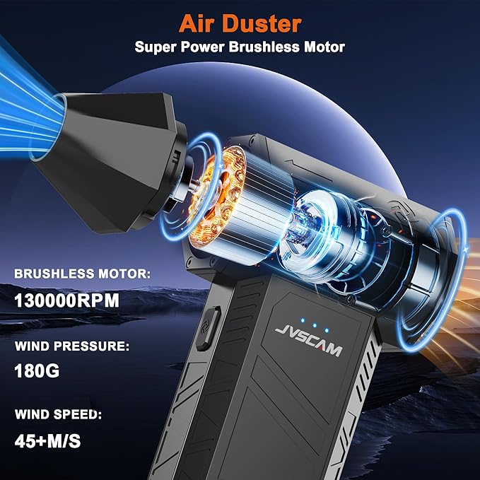 JVSCAM X3 Compressed Air Duster - Electric Air Duster with Brushless Motor,3 Gear Adjustable - Mini Air Blower- Rechargeable Air Duster for PC, Keyboard, Car,Outdoors,Home,Snow and Leaves Clearing