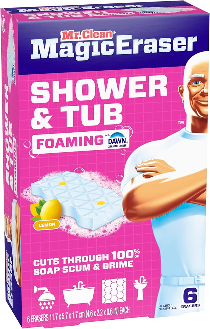 Mr. Clean Magic Eraser Sponge, Bathroom, Shower, Tub Cleaner, Soap Scum Remover, Bathroom Cleaning Supplies, Dawn Cleaning Power with Lemon Scent, Shower & Tub, 6ct (Pack of 4)