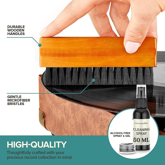 Stock Your Home Vinyl Record Cleaning Kit – 6-Piece Set with Vinyl Cleaner Spray, Anti-Static Velvet Brush, Needle Cleaning Gel & Brush, Drawstring Duster Bag